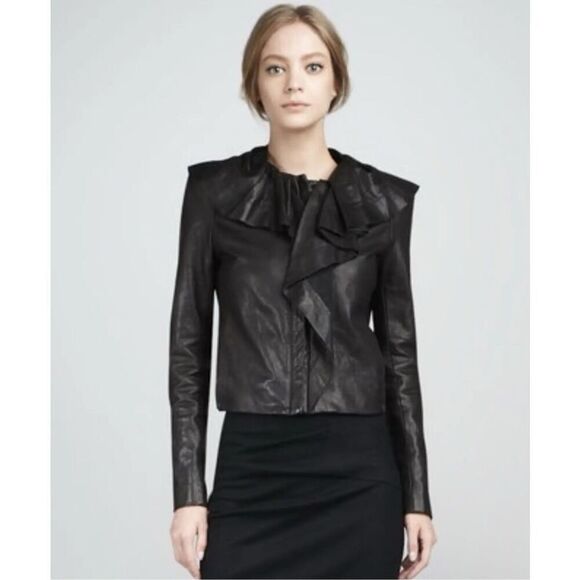 Diane Von Furstenburg 100% Leather Ruffle moto jacket 10 - Picture 1 of 13
